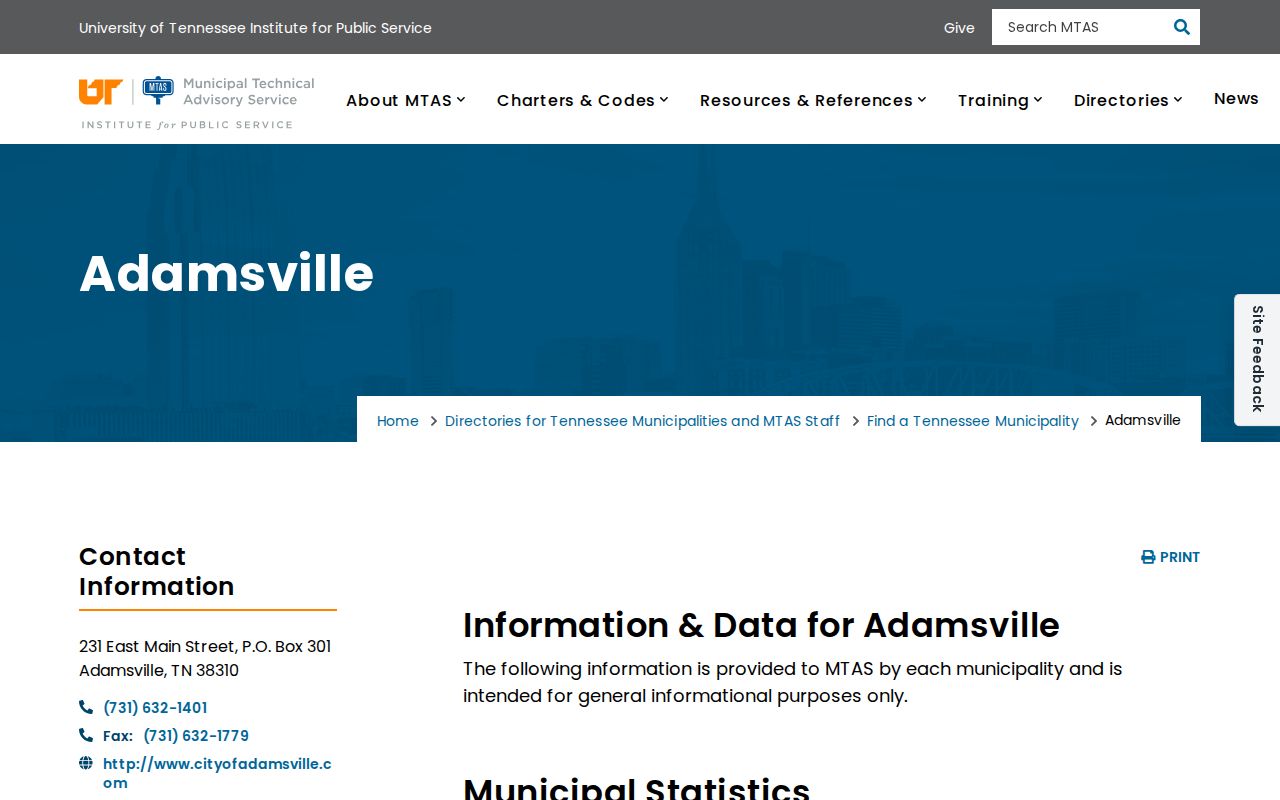 Adamsville criminal records context in the official MTAS city profile