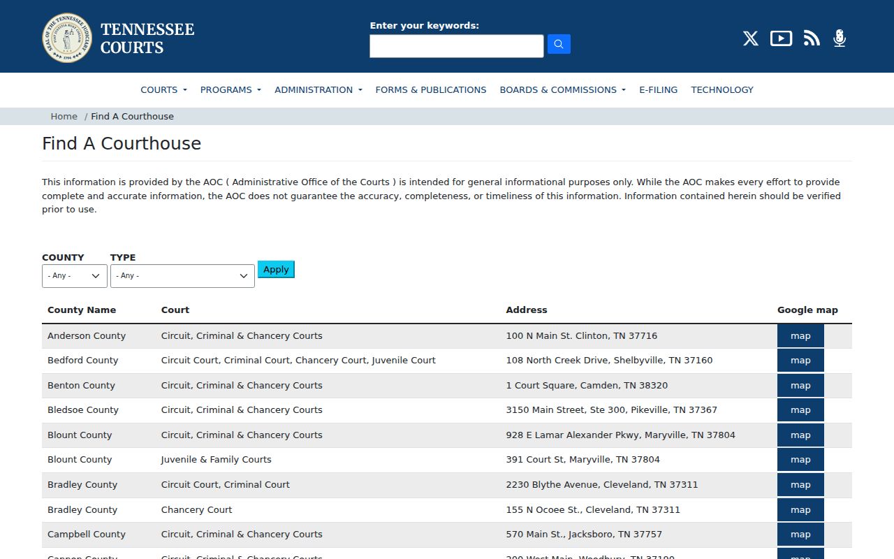 Tennessee courthouse finder page used to locate McNairy County courts