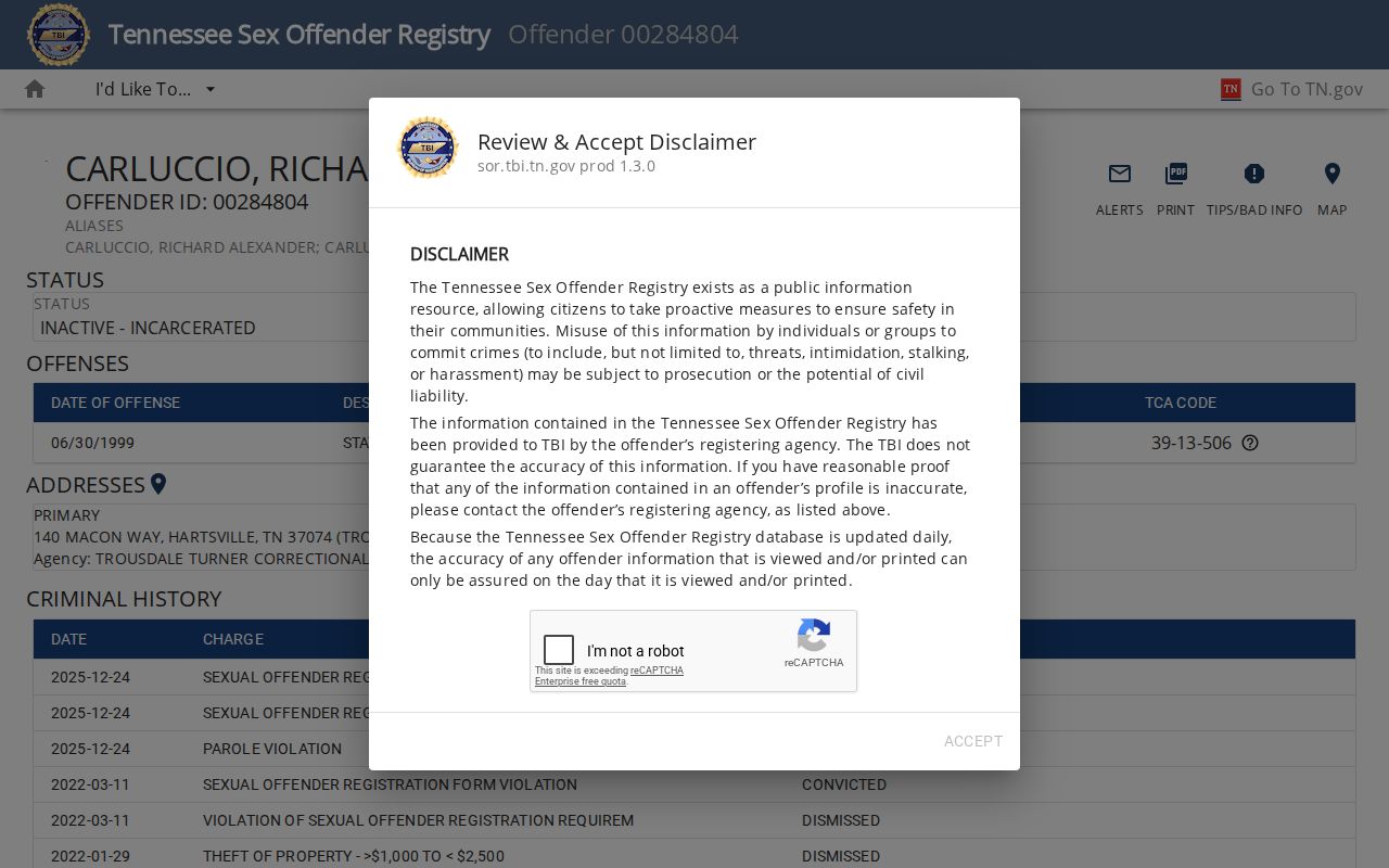Redacted Tennessee registry profile layout showing public field groups