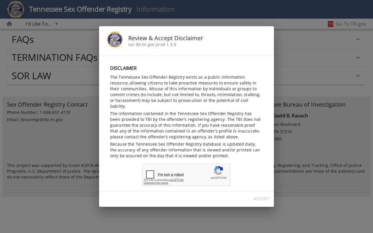 TBI registry information page with Tennessee legal and termination guidance