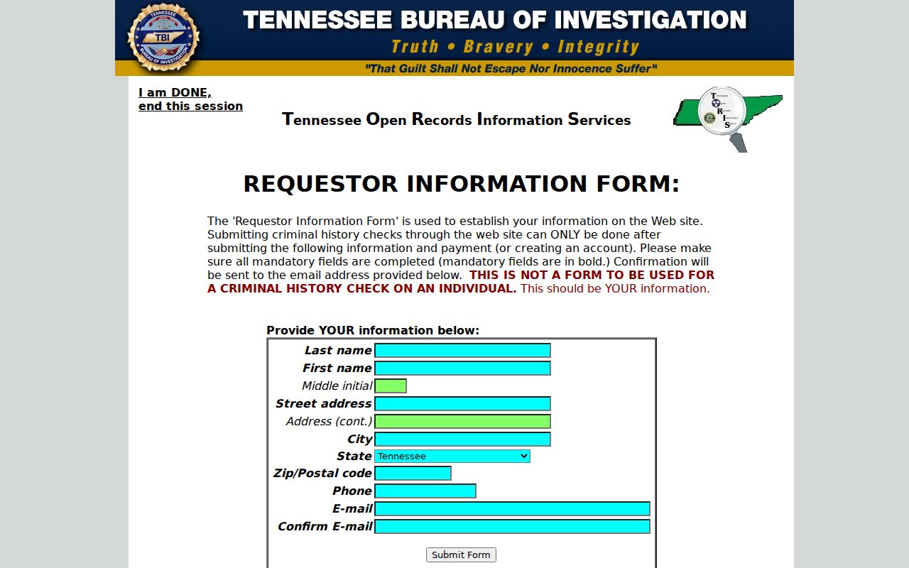 McNairy County criminal history TORIS requester form